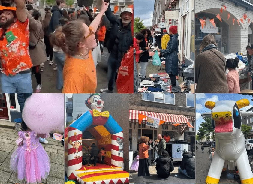 Koningsdagviering met oranje kleding en straatmarkt.