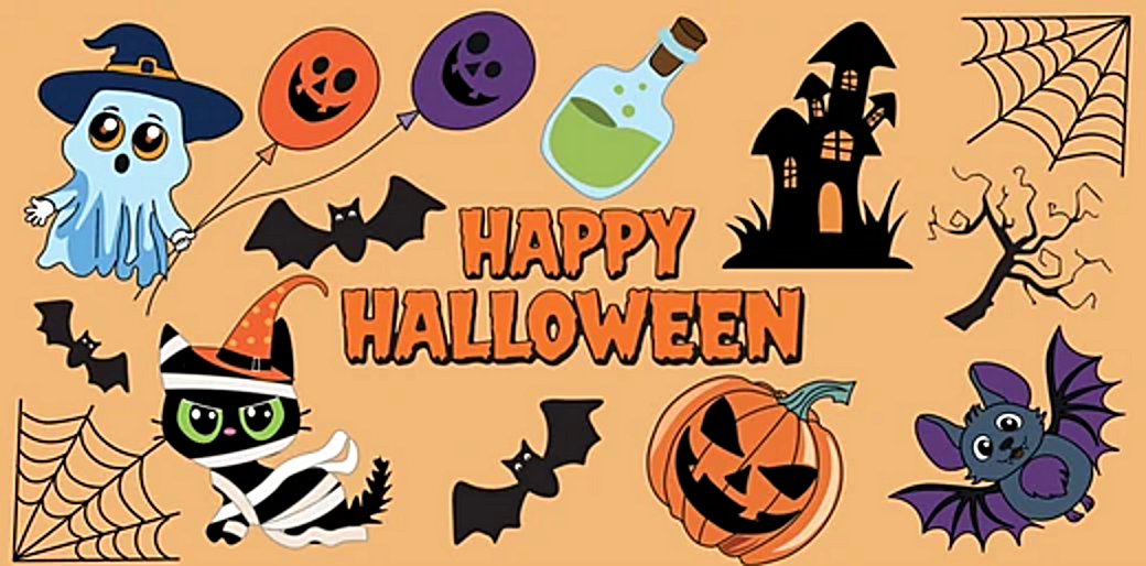 Halloween illustraties met geesten en pompoenen
