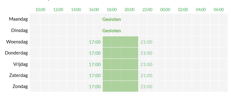 Openingstijden: Wo-Zo 17:00-21:00, Ma-Di gesloten.