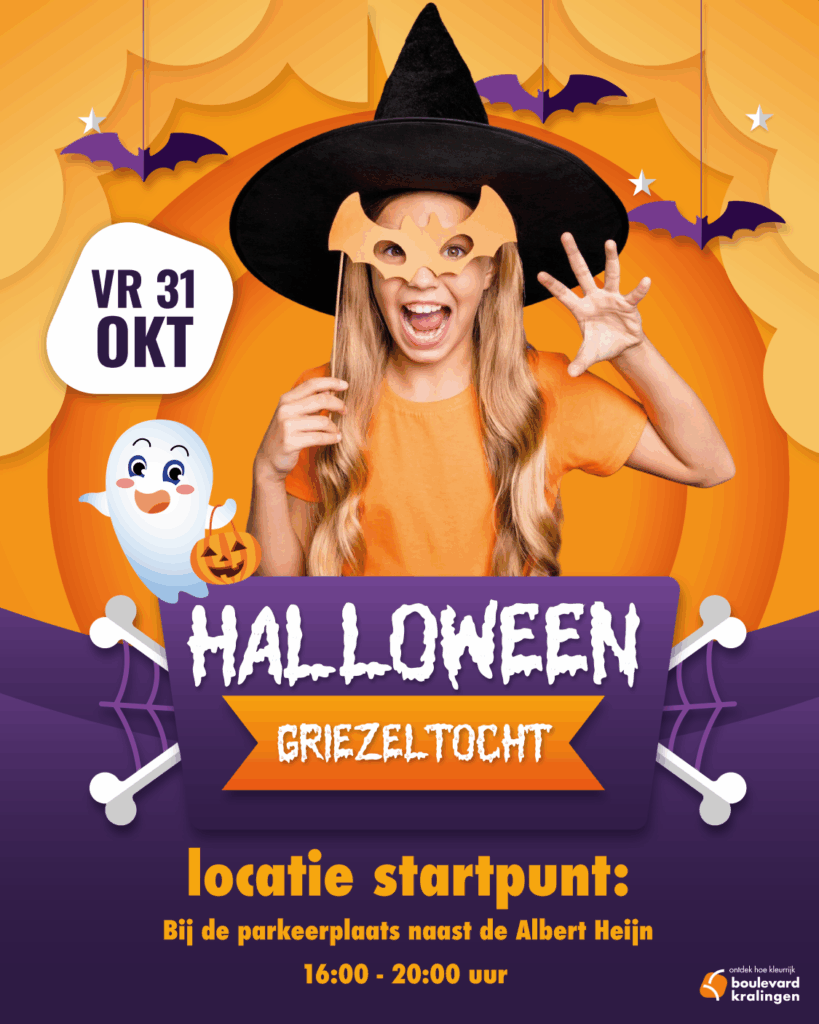 Halloween griezeltocht poster met heksenkostuum.